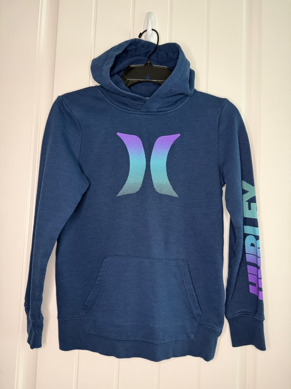 Hurley Navy Hoodie with Gradient Teal-to-Purple Logo